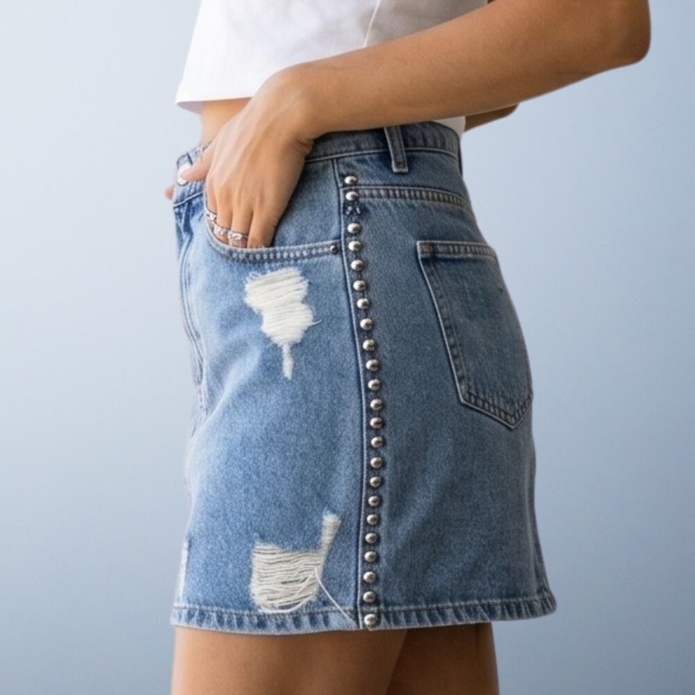 Carmar Denim Distressed Studded Mini Skirt Medium Wash Size 27